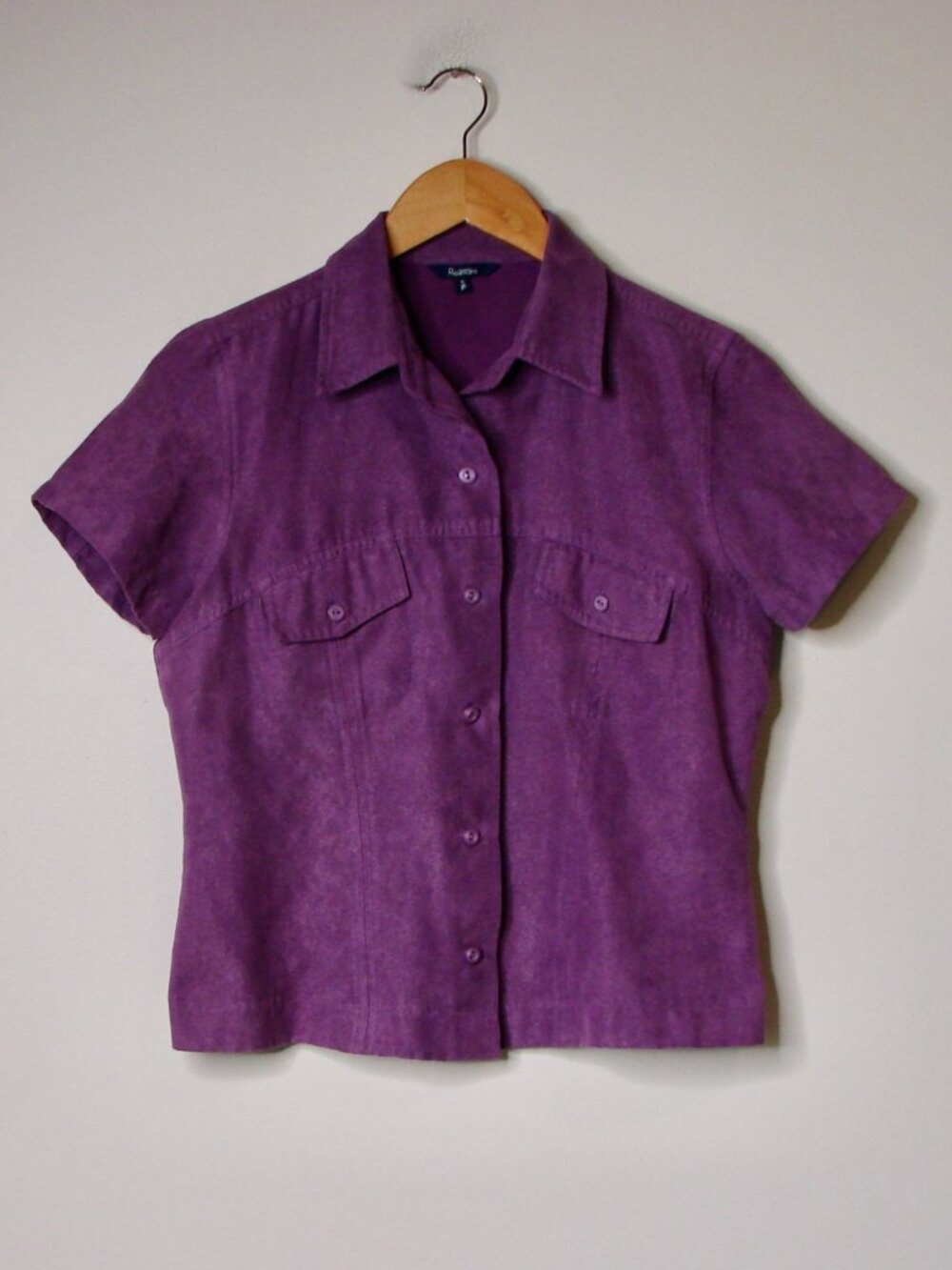 Purple Faux Suede Shirt Blouse Top Short Sleeve Button Up Work Office Size Small